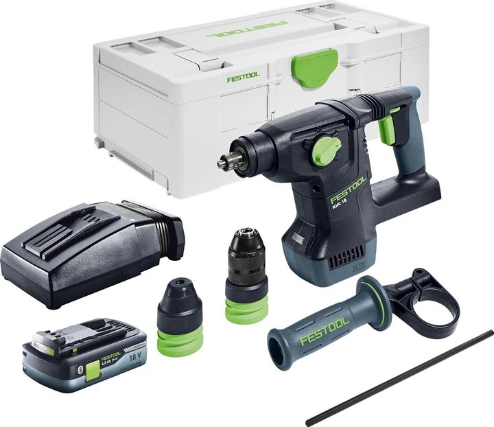 1x Festool KHC 18 EB marteau combiné sans fil, 1x mandrin C SDS KHC, 1x mandrin à serrage rapide KC 13 KHC, 1x poignée supplémentaire AH-50, 181 KHC, 1x butée de profondeur, 1x Festool BP 18 Li 4,0 HPC-ASI batterie 18 V 4,0 Ah, 1x Festool TCL 6 chargeur rapide, 1x Festool Systainer³ SYS3 L 187