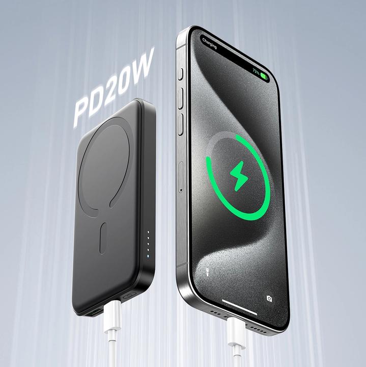 Actual product image Joyroom Powerbank JR-W020 Mini 5000mAh USB-A USB-C inductive 20W - black + USB-C / USB-C cable (5000 mAh, 20 W, 18.50 Wh)