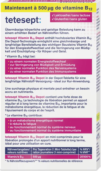 Valori nutrizionali e ingredienti Tetesept Vitamina B12 Depot 500 mcg 30 pezzi (30 Pezzo/i, Pillole, 19 g)