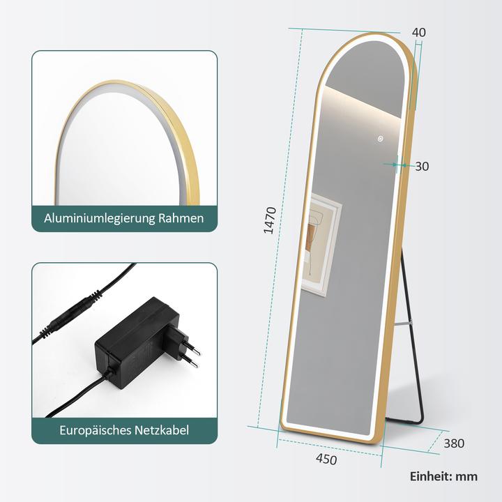 Actual product image Emke Arch Freestanding Mirror with Illumination, 3 Colour Temperatures, Aluminium Frame, 45*147cm, Gold (45 x 147 cm)