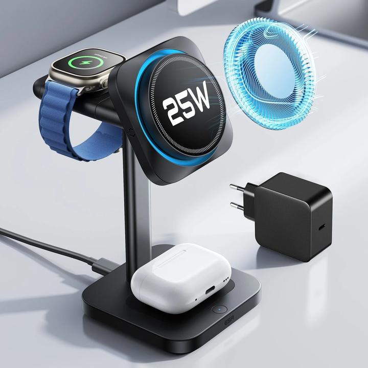 Actual product image ESR CryoBoost 3 in 1 Magnetic Charging Station (25W) Black EU Plug (25 W)