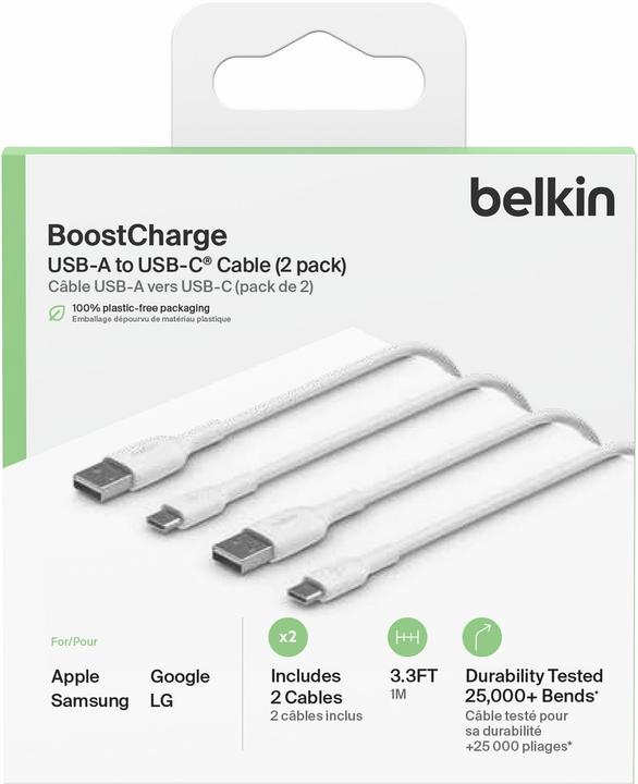 Produktbild Belkin USB-A to USB-C PVC White 1m Twin Pack (1 m, USB 2.0)