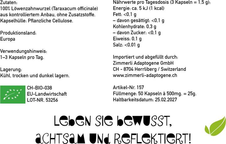 Produktbild Zimmerli Adaptogene Löwenzahnwurzel Kapseln (BIO) 50 Kapseln (1 Stück, Kapseln, 25 g)