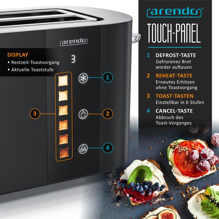 Actual product image Arendo Toaster Edelstahl 4 Scheiben Langschlitz, Restzeit & Bräunungsgradanzeige, Touch Display, 1500 W