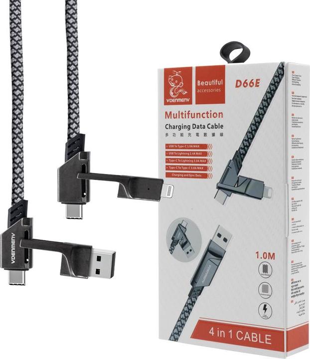 Produktbild DENMEN VERSTÄRKTES KABEL 4IN1 SCHWARZ 65W D66E (65 W)