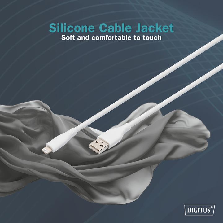 Actual product image Digitus Lightning silicone connection cable, USB-A - Lightning 1m, white (1 m, USB 2.0, 12 W)