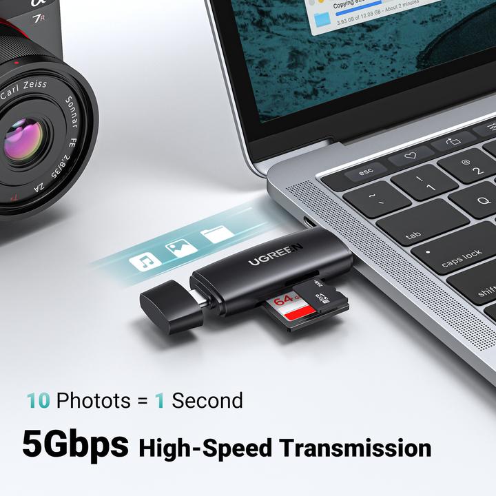 Immagine prodotto Ugreen CM304 Adattatore USB + USB-C Lettore di schede SD + microSD (nero) (USB-C)