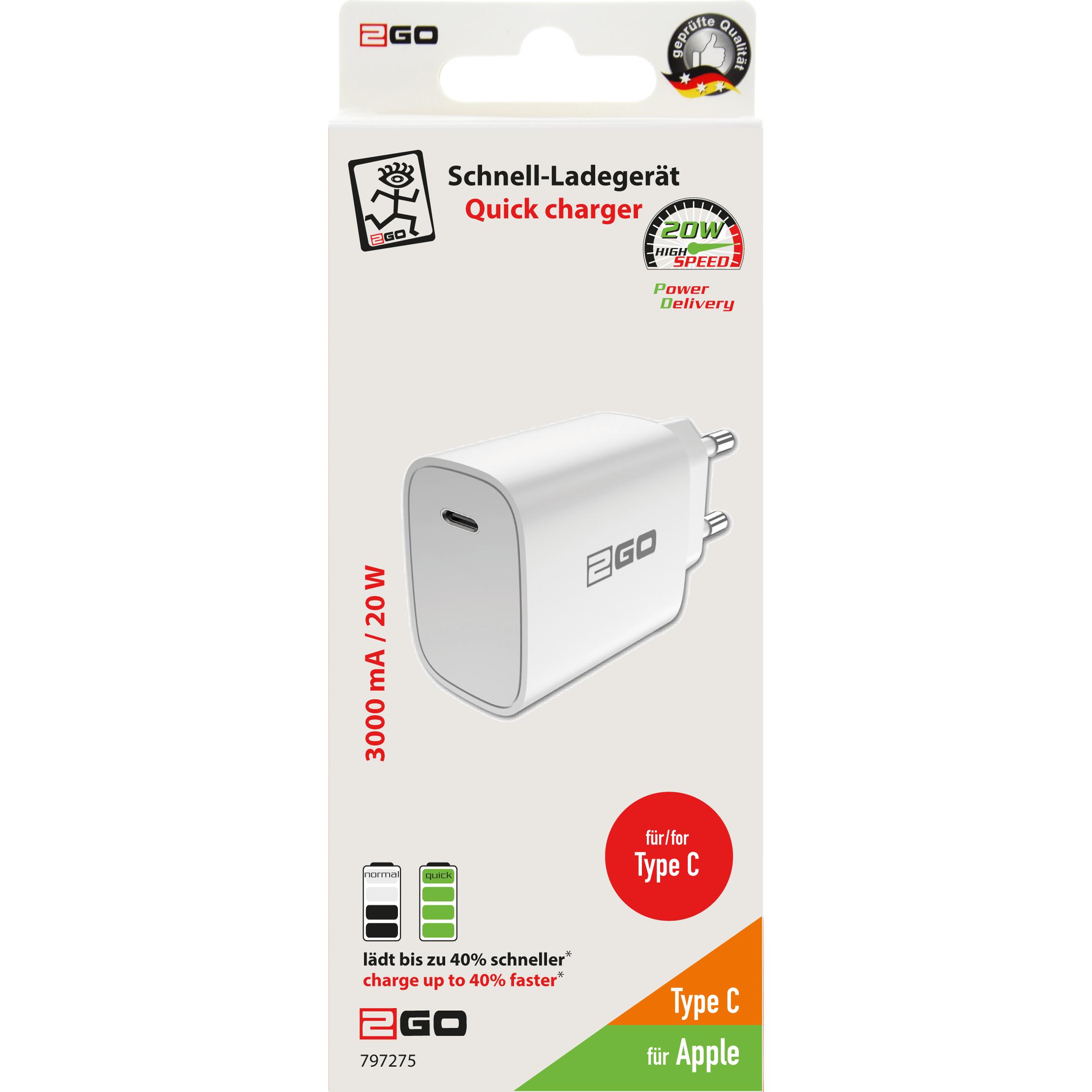 Thumbnail - 2GO Netz-Ladegerät 100V-240V-Power Delivery-weiss USB Type C (20 W), USB Ladegerät, Weiss