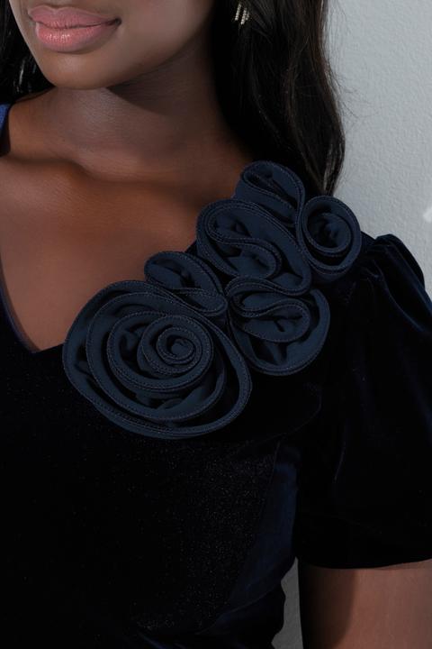 Produktbild Ulla Popken Samtkleid, körpernah, 3D-Rosen, Puff-Halbarm (60)