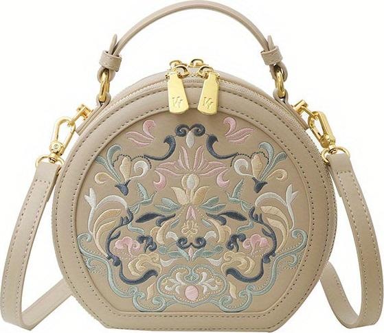 Only-Bags.Store Elegante, mit Blumen bestickte Umhängetasche - Schicke Kunstleder-Schultertasche mit goldfarbener