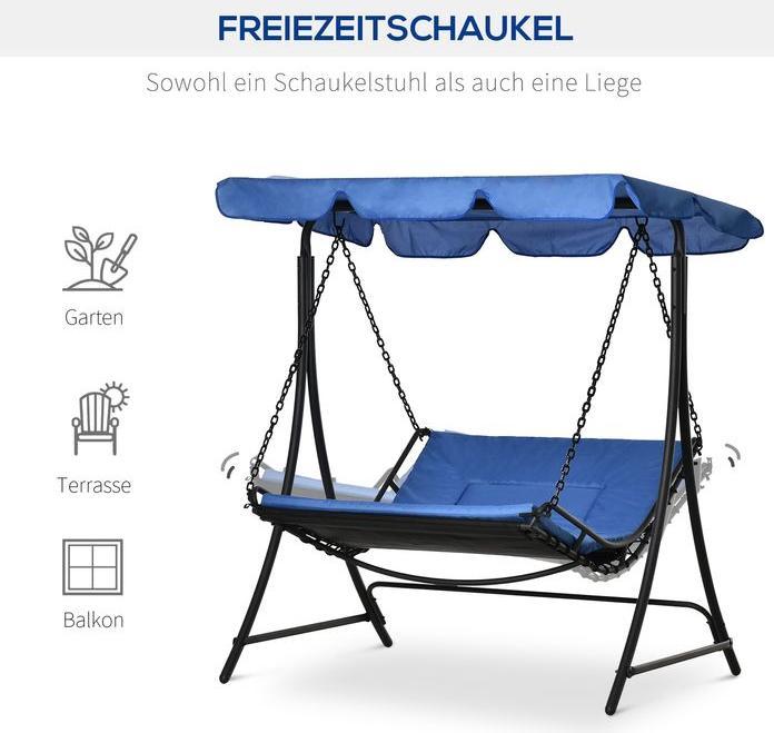 Produktbild Swisshandel24 Schwingliege Hollywoodschaukel Gartenliege mit Dach für 2 Personen Stahl Blau 164x116x176cm