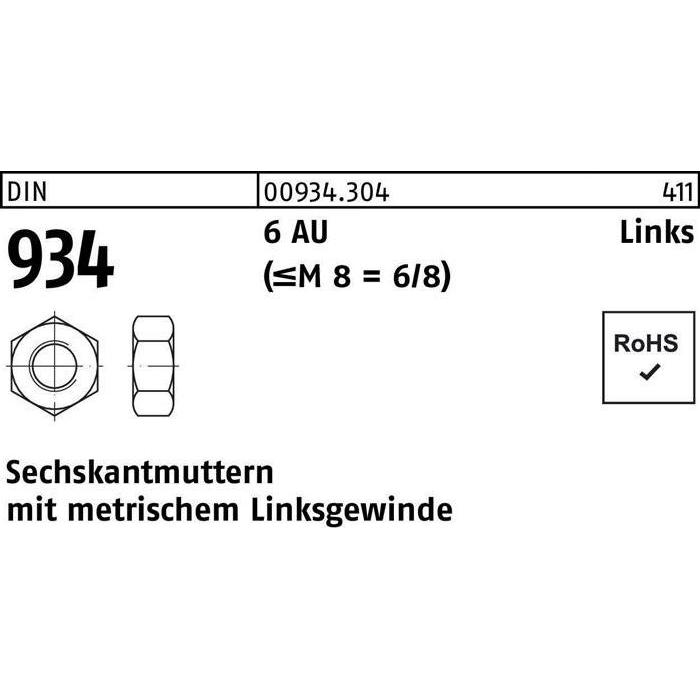 Reyher, Muttern + Unterlegscheiben, Sechskantmutter DIN 934 links M 16 -LH 6 Automatenstahl (M16)