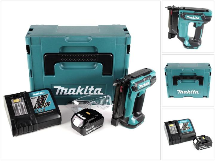 1x Makita DPT 353 ZJ 18 V Li-Ion cordless pin tacker, 1x safety goggles, 1x belt attachment, 1x Makita Makpac 2 with foam insert, 1x 4.0 Ah battery BL 1840 B, 1x charger DC 18 RC