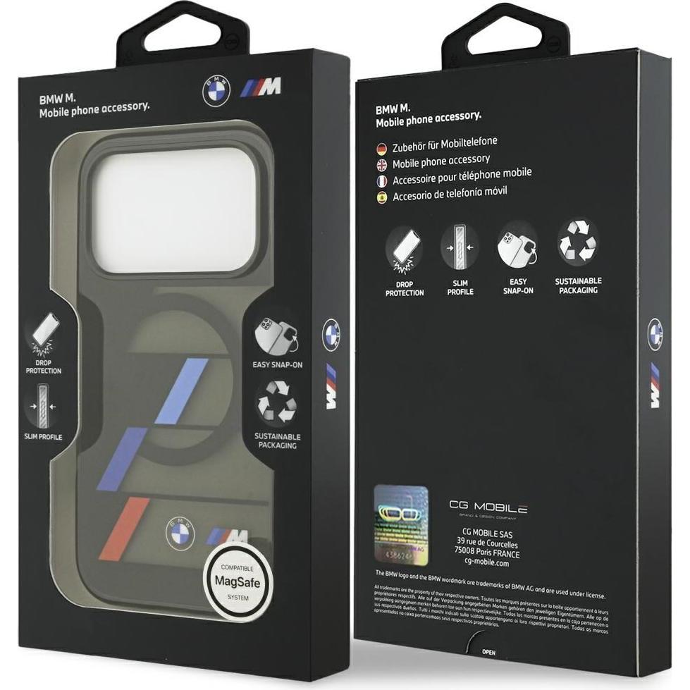 BMW M IML Metal Buttons Tricolor Lines MagSafe Case for iPhone 17 Pro Black, Cellulare con tasti, Nero