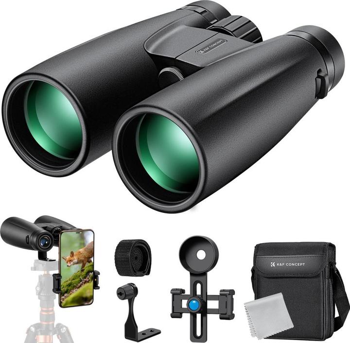 K&F Concept 12X50 HD Binoculars, IP66 Waterproof, + Smartphone Adapter, Tripod Adapter, FMC Lens BAK4 Prism (12 x, 50 mm)