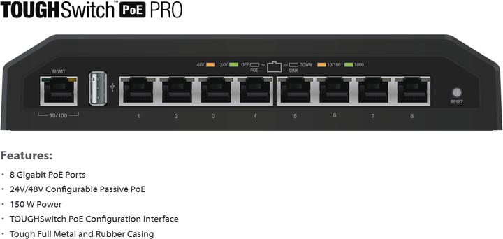 Produktbild Ubiquiti Toughswitch, TS-8-PRO, 24/48 Volt Passiv PoE (8 Ports)