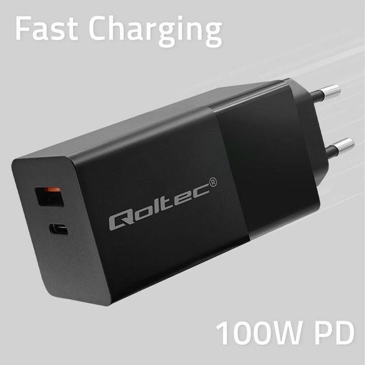 Actual product image Qoltec Ładowarka GaN POWER PRO | 1xUSB-C | 1xUSB | 100W | 5-20V | 1.5-3.35A | PD | Czarna (100 W, 2 ports)