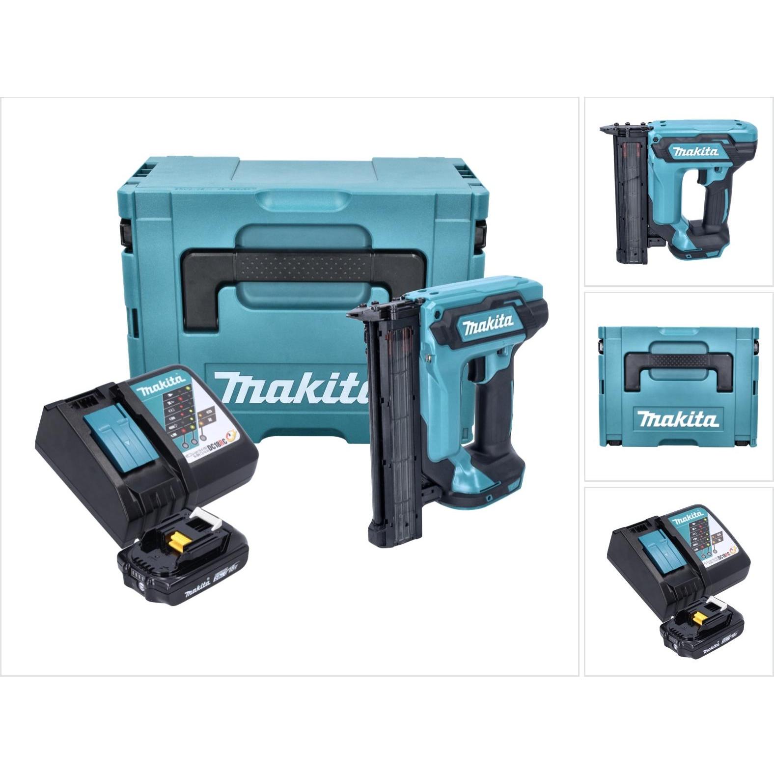 Makita, Tacker + Nagelpistole, DFN 350 RA1J Akku Stauchkopfnagler 18 V 15 - 35 mm + 1x Akku 2,0 Ah + Ladegerät + Makpac