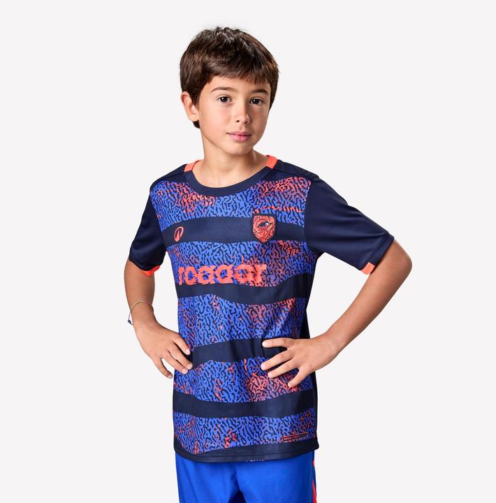 Kipsta Kinder Fussball Trikot kurzarm - VIRALTO Kids Roarrr Rhino Streifen blau/violett