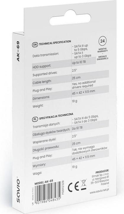 Actual product image Savio AK-69 Adapter USB-C 3.1 Gen 1 (M) - SATA (F) for 2 5 drives (0.25 m, USB 3.1)