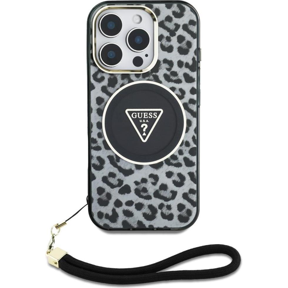 Thumbnail - Guess HC IML Leopard Triangle Cord Strap MagSafe Case for iPhone 16 Pro - Black, Tastenhandy