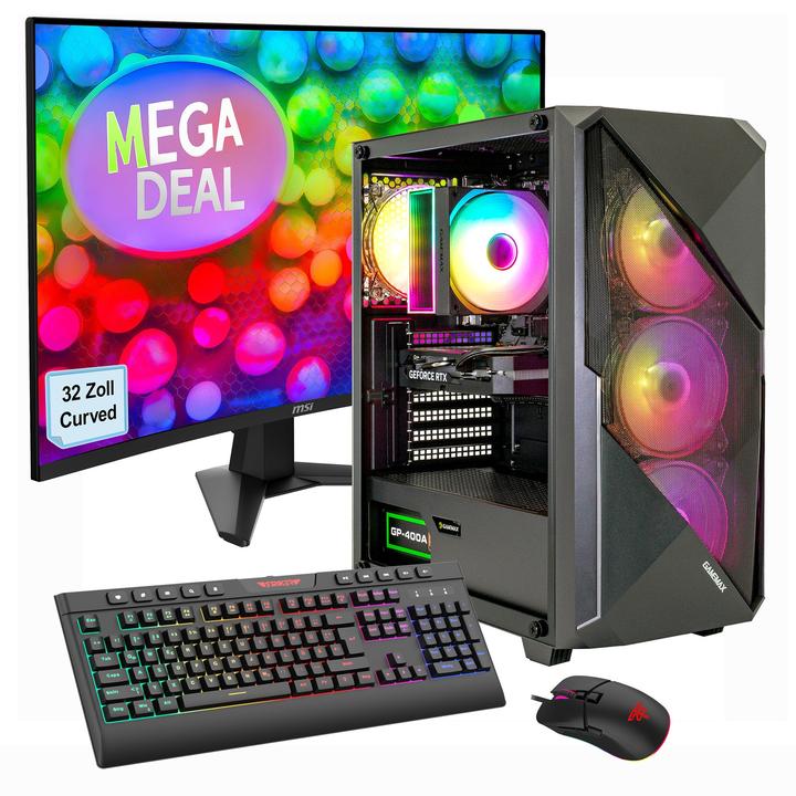 Produktbild GameMax MegaDeal Striker SET2624 7635 + MSI MAG 32C6 Monitor, Curved 80cm (32") +Zubehör (1000 GB, 32 GB, AMD Ryzen 5 7500F, GeForce RTX 5060 Ti)
