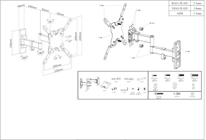 Image du produit Manhattan Support mural universel pour TV, inclinable et pivotant (Mur, 42", 20 kg)
