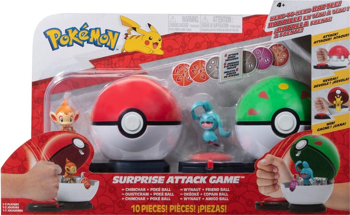 Jazwares Pokémon Surprise Attack Game Chimchar with Poké Ball vs. Wynaut with Friend Ball