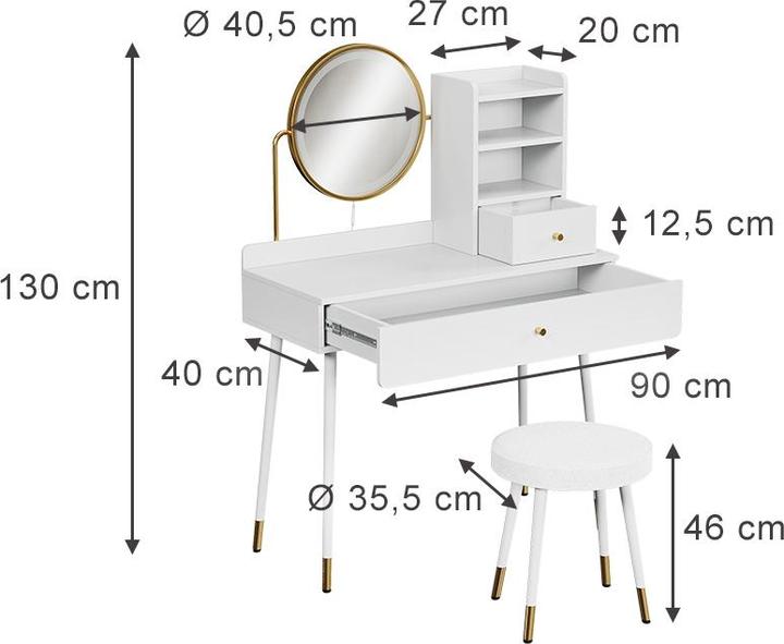 Produktbild Vichy Schminktisch Mirela, Weiss, 90 cm mit LED-Spiegel und Hocker (130 x 40 cm)