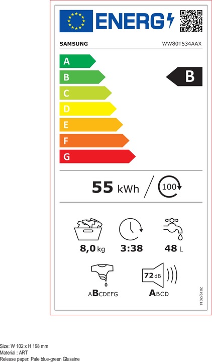 Energy Label Samsung Autodose 6000 Series WW80T534AAX/S2 Washing Machine Freestanding Front Loader B (8 kg, Left)