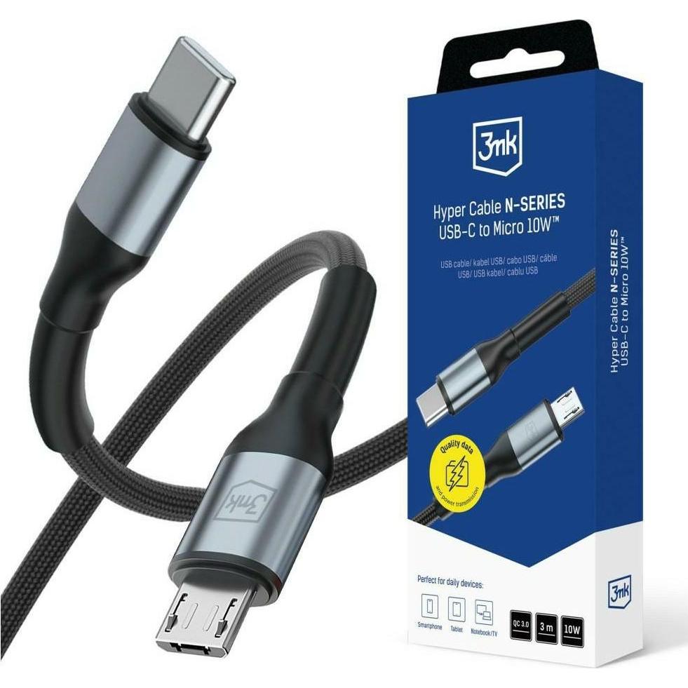 3MK Kabel Hyper Cable N-SERIES USB-C do Micro USB 3m QC 3.0 5V/2A 10W czarny (3 m, 10 W), Cavo USB