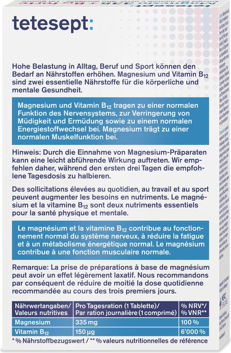 Nährwerte und Zutaten Tetesept Magnesium 335 + B12 forte (32 Stück, Tabletten, 336 g)