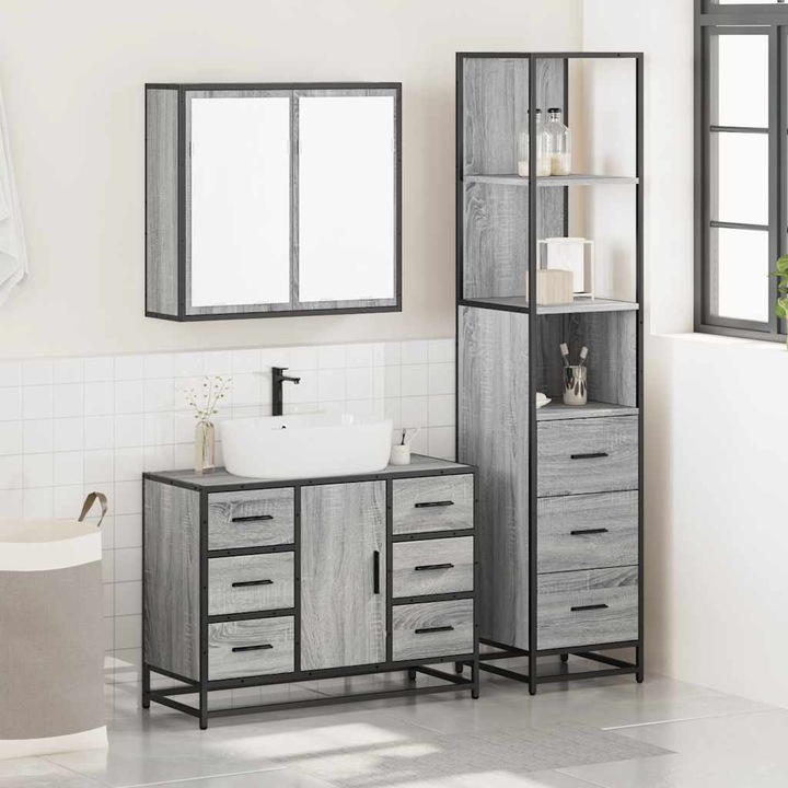 Produktbild VidaXL 3-tlg. Badmöbel-Set Grau Sonoma Holzwerkstoff Badezimmermöbel-Set