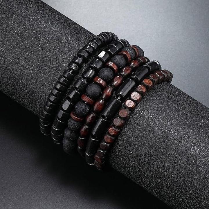 Produktbild Cbx Elastisches Perlen Armband Set Lavastein und Vintage-Holzperlen (Lavastein (schwarzer Mondstein) und Vintage-Holzperlen)