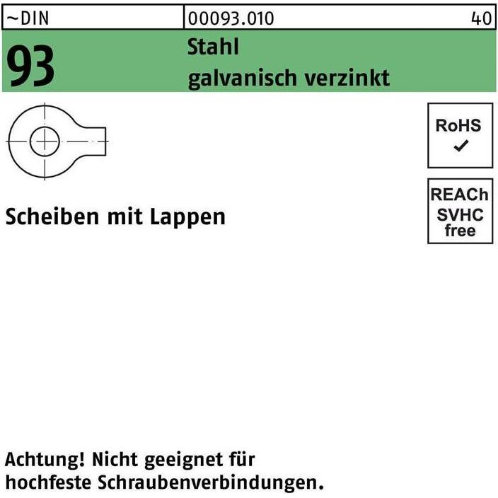 Zubehör Befestigungstechnik, Unterlegscheibe DIN 93 m.Lappen 17 Stahl galvanisch verzinkt