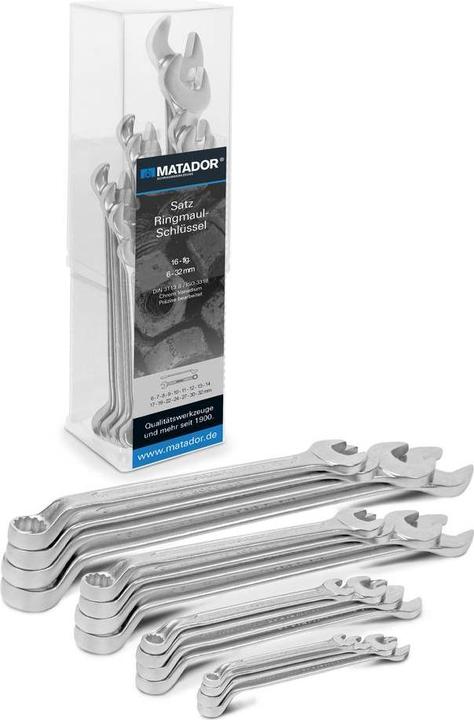 Produktbild Matador Ringmaulschlüssel-Satz 16-tlg. gekröpft 6 - 32 mm (32 mm, 18 mm, 11 mm, 12 mm, 20 mm, 19 mm, 27 mm, 15 mm, 13 mm, 25 mm, 6 mm, 21 mm, 7 mm, 14 mm, 29 mm, 8 mm, 10  mm, 30 mm, 23 mm, 26 mm, 22 mm, 17 mm, 28 mm, 9 mm, 16 mm, 24 mm, 31 mm)