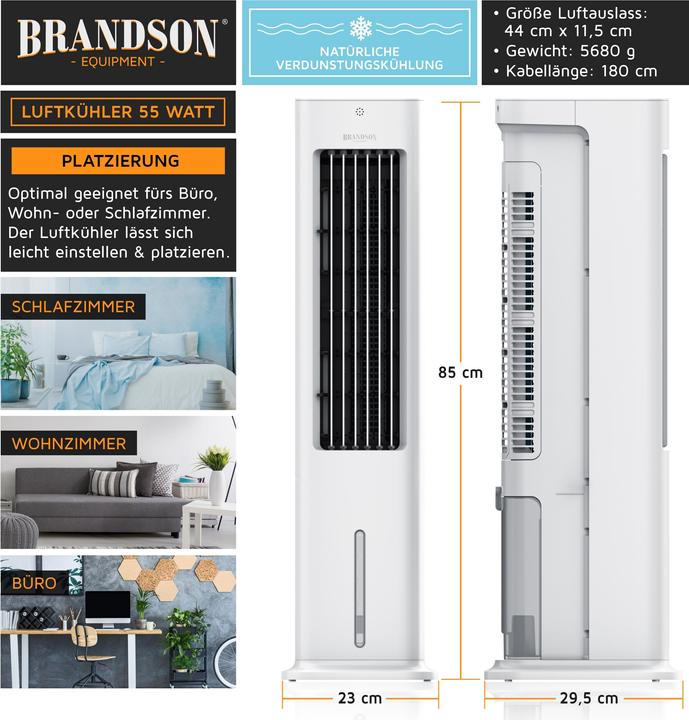 Actual product image Brandson Tower fan with water cooling, 5 litre water tank, air filter, air cooler, air conditioner, fan 55W (57 dB)