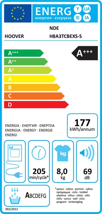 Energie-Label Hoover H-DRY 500 NDE H8A3TCBEXS-S Wäschetrockner Kostenlose Installation Frontlader 8 kg A++ B (8 kg, Links)