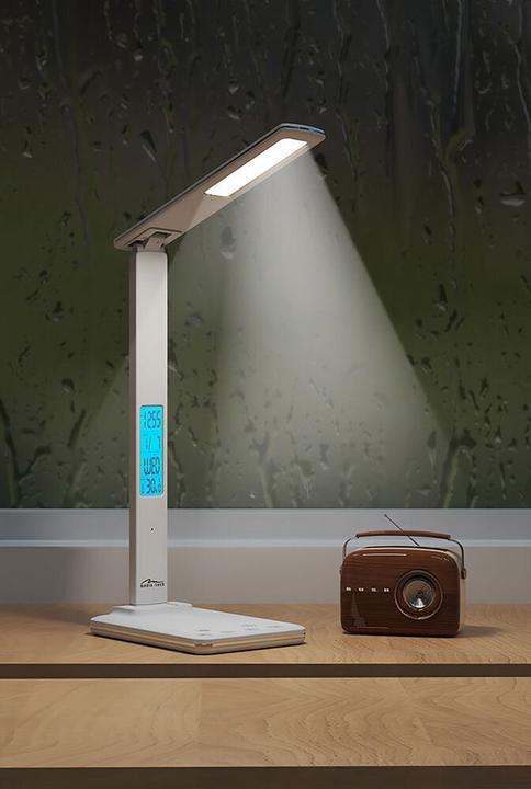 Actual product image Media-Tech LEDITOU - Energy-saving LED desk lamp with 15W QI wireless charger. Illuminated alarm clock with °C