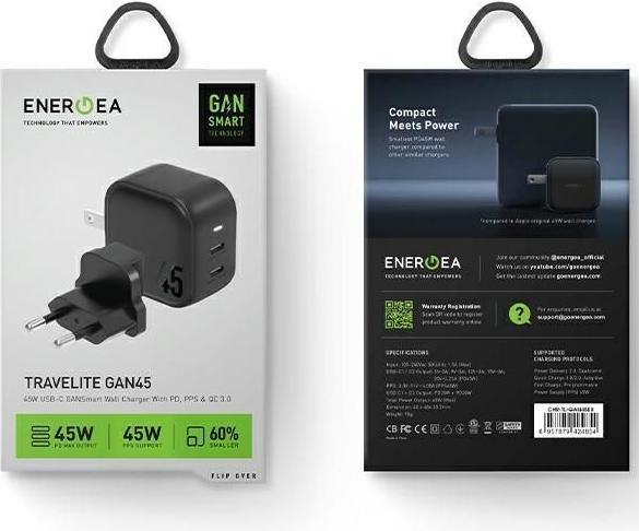 Actual product image Energea ład. siec. 2xUSB-C PD-PPS 45W 2C czarny/black US+EU Travelite GAN45 (45 W, 2 ports)
