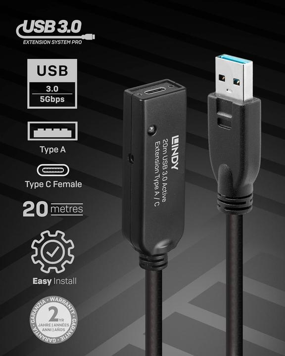 Produktbild Lindy 20m USB 3.0 Active Extension Type A to C (20 m, USB 3.2 Gen 1)