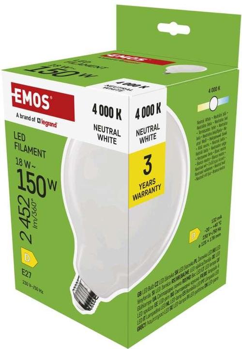 Actual product image Emos LED lamp Filament G125 / E27 / 18 W (150 W) / 2452 lm / Neutral white (E27, 2452 lm, 1x)