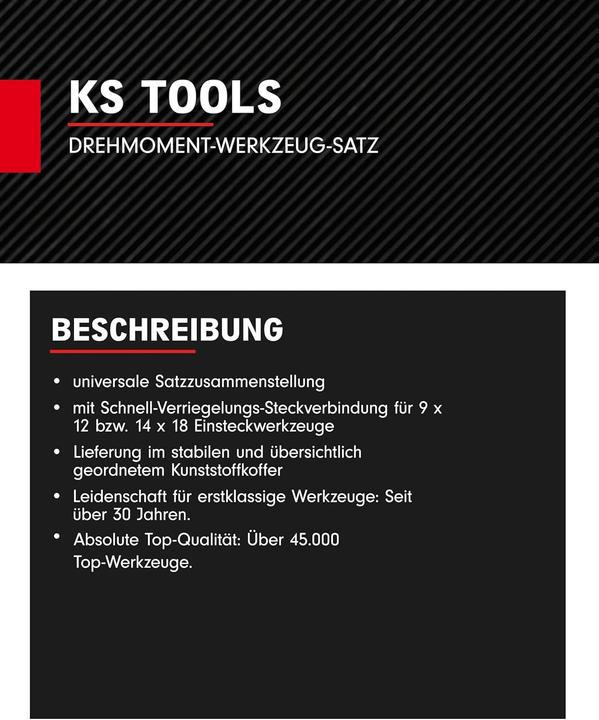 Image du produit KS Tools Jeu d'outils dynamométriques, prise 9x12 mm, 29 pièces, 10-50 Nm (3/8", 10 Nm, 50 Nm)