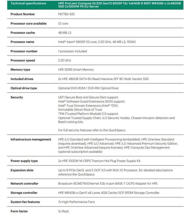 Nutritional values and ingredients HPE PL DL320g12 6505P (2.2/12C) 1x64G (P69728) 2x480G MR408i-o 8SFF 2x1000W 1GbE NBD333 Smart Choice (64 GB, Rack Server)