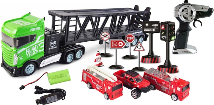 Immagine prodotto Amewi Camion semirimorchio con rimorchio per il trasporto di auto 1:16, RTR (RTR pronto all'uso)