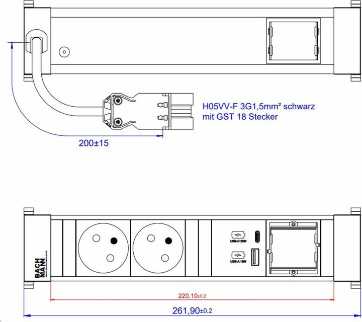 Produktbild Bachmann Power Frame M 2xUTE 916.5281xUSB A&C 22W 1xCM 0.2m GST18 (2x, CEE 7/3, CEE 7/5)