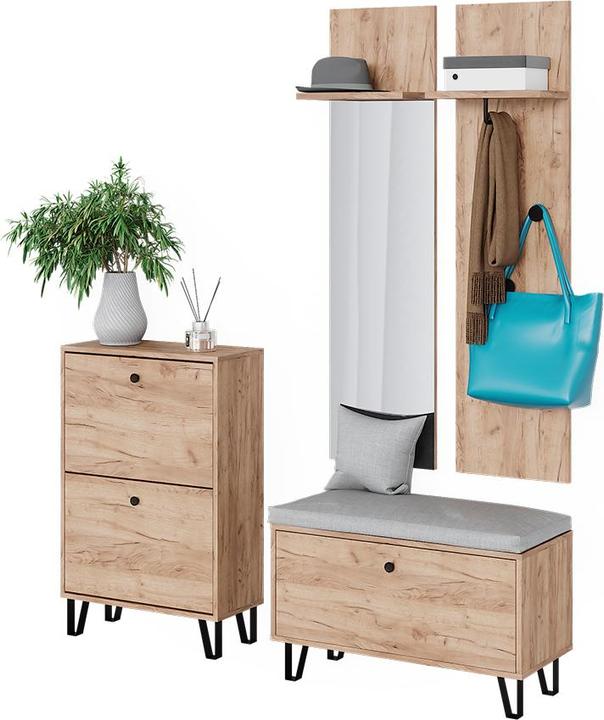 Produktbild Vicco Garderobenset Siri, Goldkraft Eiche, Set mit Wandgarderoben, Sitzbank und Schuhschrank