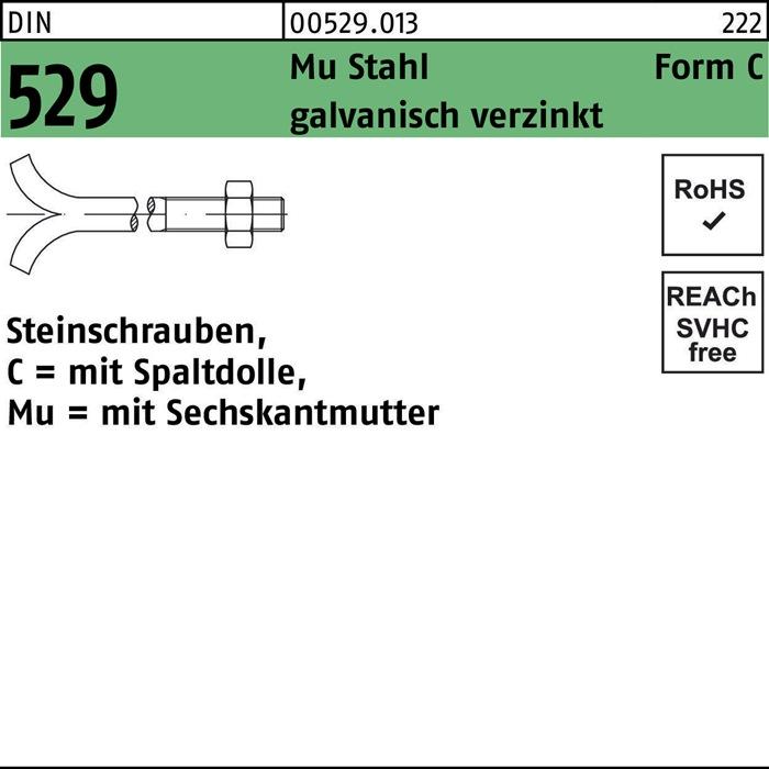 Nutritional values and ingredients Masonry bolt DIN 529 w.cleft nut/6-square nut CM 20 x 320 Mu 3.6 electrogalvanised