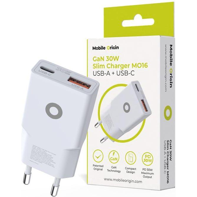 Mobile Origin GaN 30W Slim Charger MO16 - USB-A + USB-C (30 W), Caricatore USB