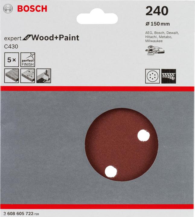 Produktbild Bosch Professional Zubehör Schleifblatt C430, 150 mm, 240, 6 Löcher, Klett, 5er-Pack (240)